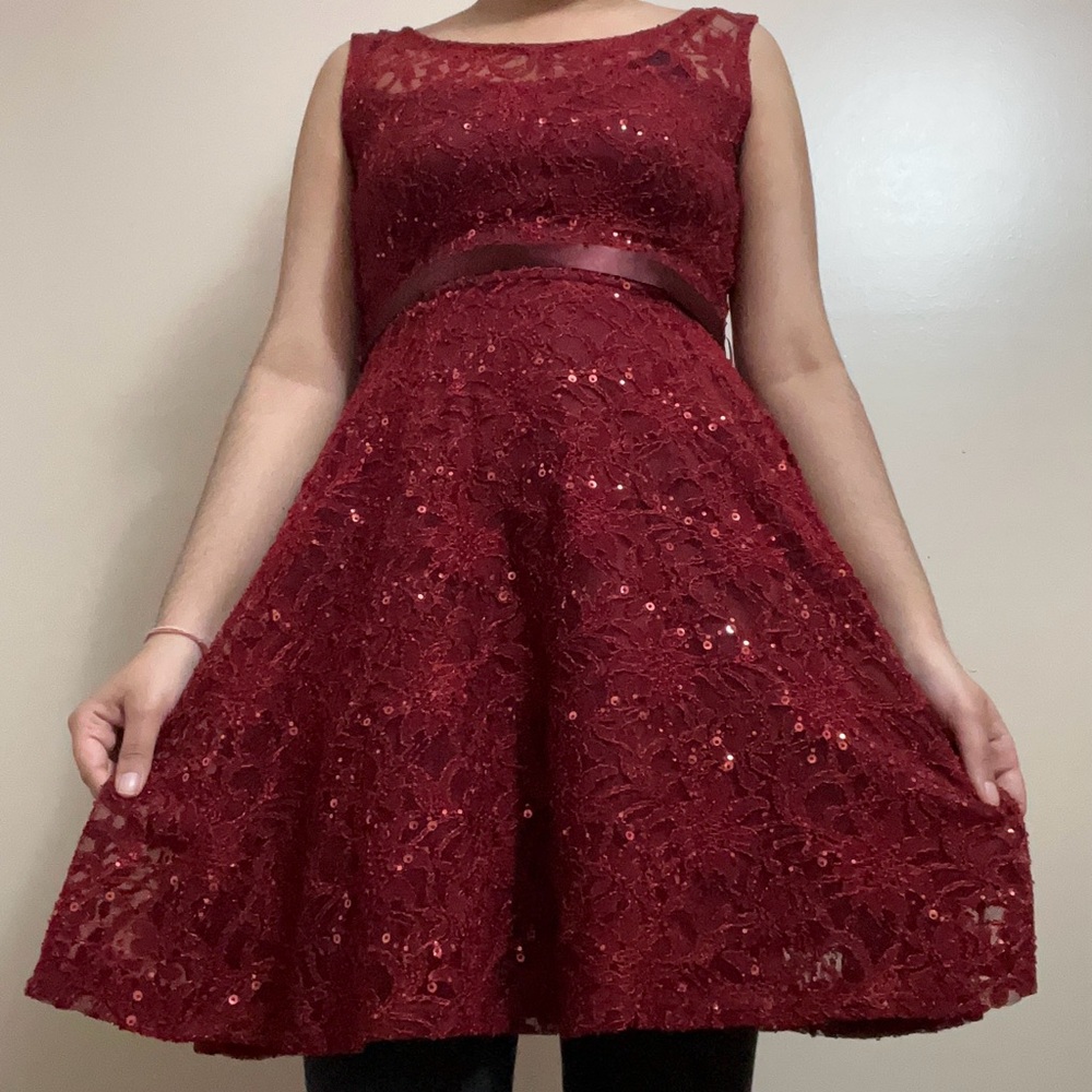 Elegant Burgundy Lace Dress with Sequins